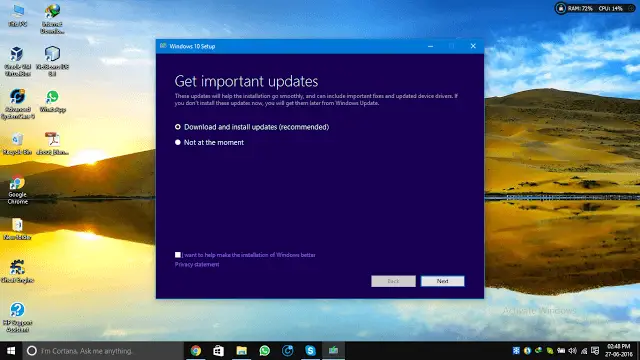 instalación manual de actualización de aniversario de Windows 10