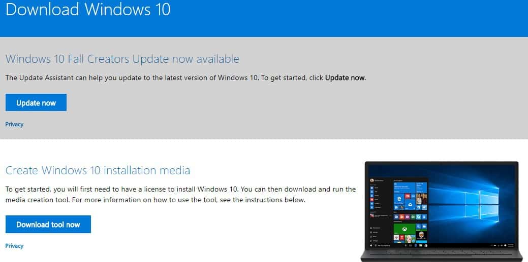 Descargar Windows 10 Fall Creators Actualizar archivos ISO