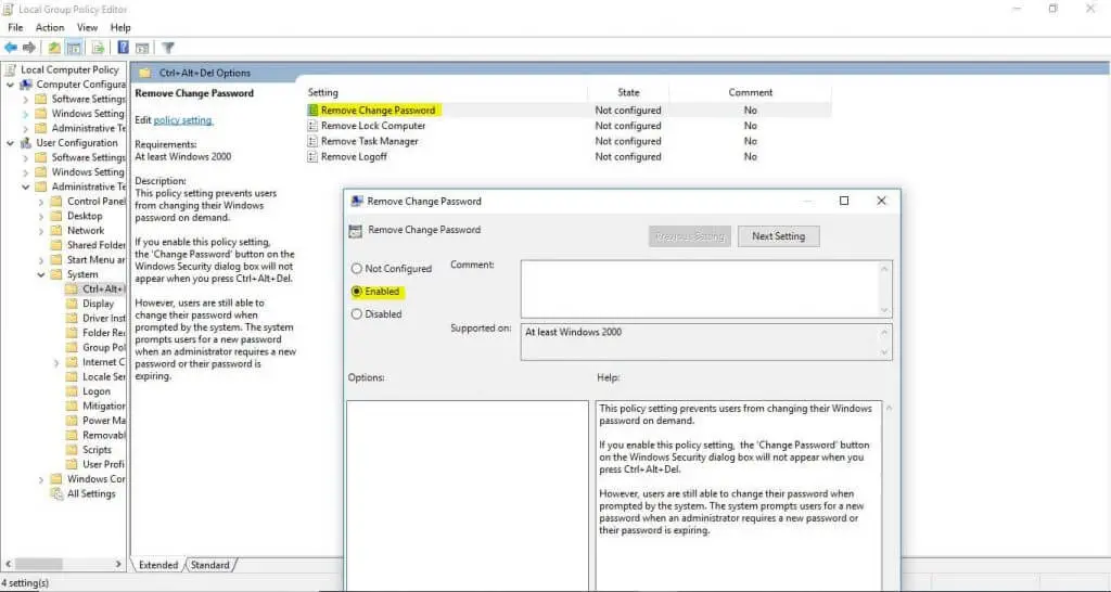 captura de pantalla de la opción de eliminación de cambio de contraseña habilitada