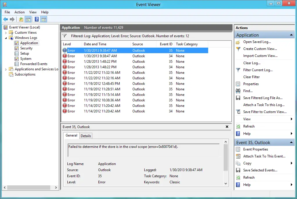 borrar registro de eventos en Windows 8