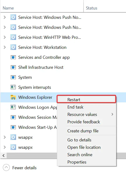 reinicie el proceso del explorador de Windows en el administrador de tareas