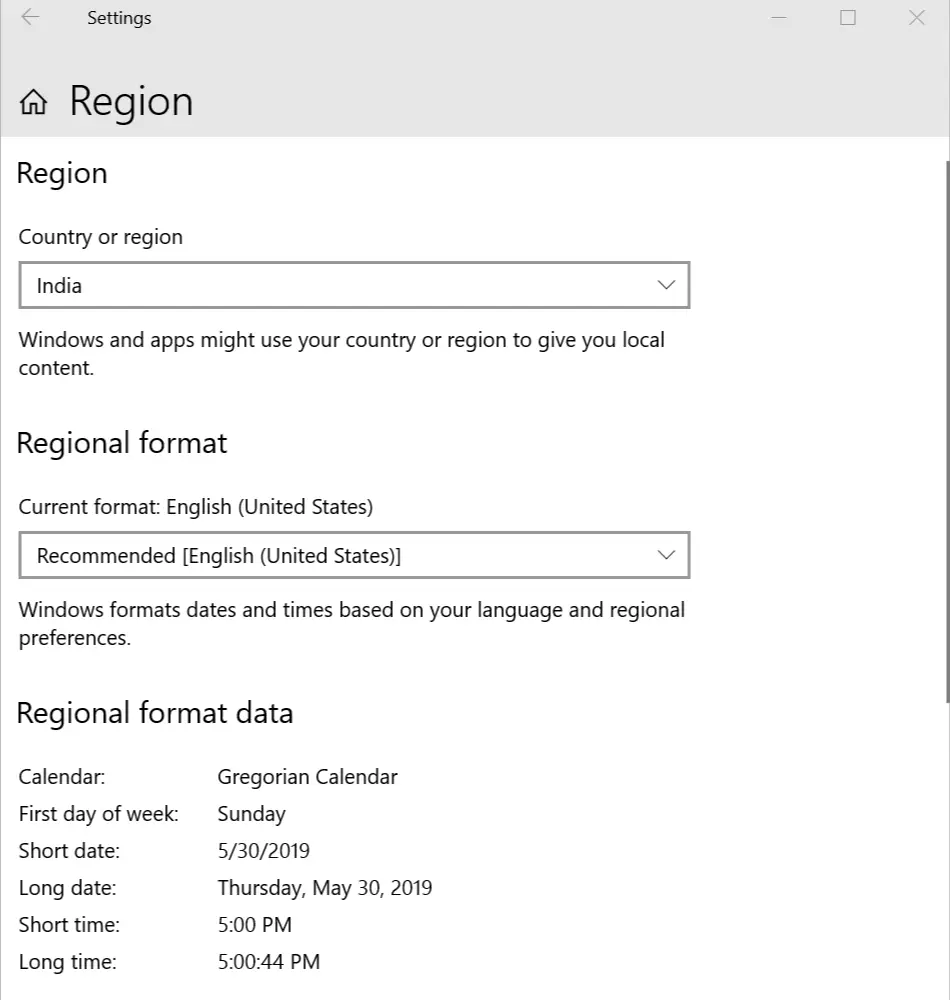 Formato de datos regional de hora y fecha de Windows