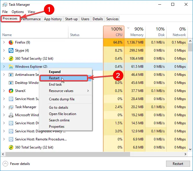 los procesos del administrador de tareas reinician el explorador de Windows