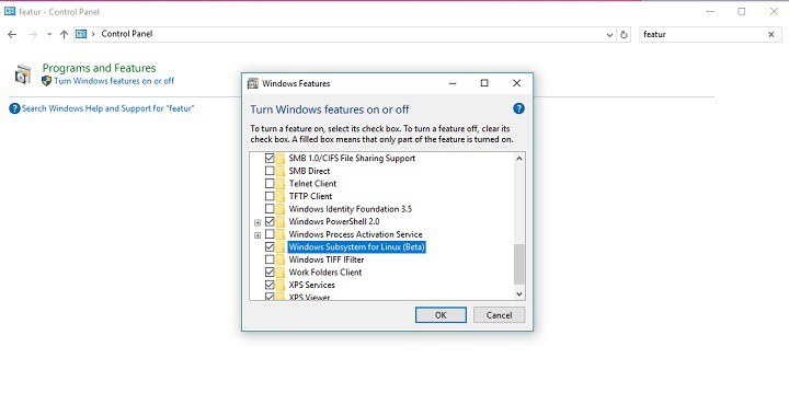 seleccione para instalar bash en windows 10