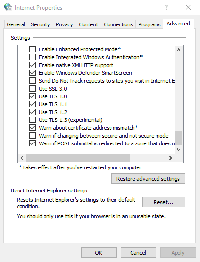 apague la configuración de Windows de la opción tls 1.0