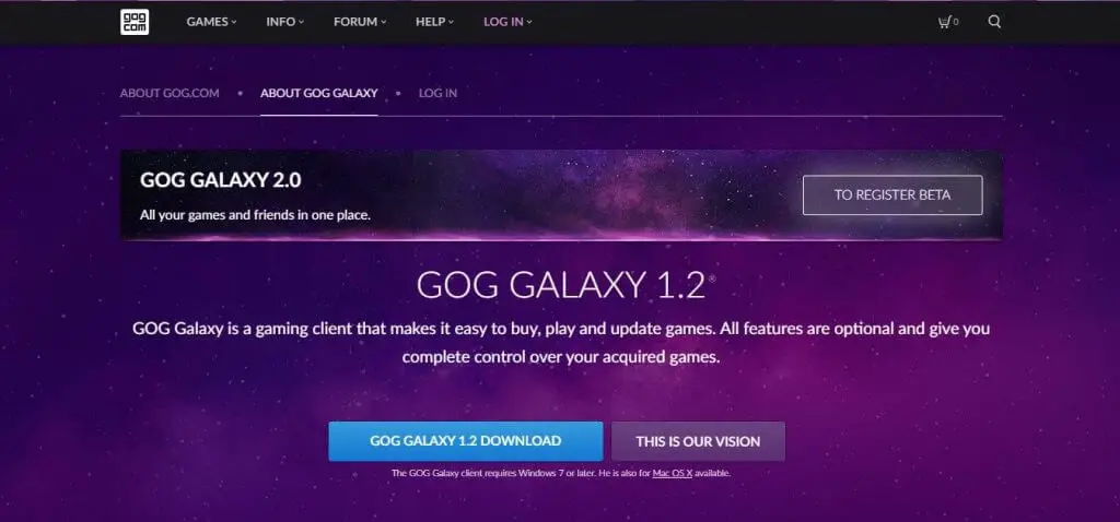 Captura de pantalla del sitio web de Gog: mueva los juegos de GOG a otra unidad