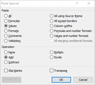 La hoja de cálculo de Excel de la ventana Pegar especial no se suma correctamente