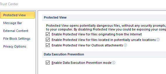 El formato de archivo Excel de las opciones de Vista protegida no coincide con la extensión