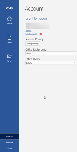 Botón de cierre de sesión de la cuenta de Microsoft Word