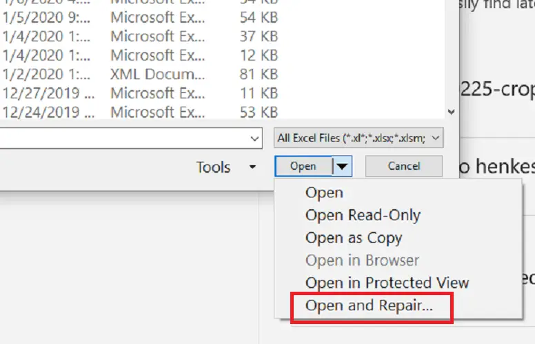 abra y repare la hoja de trabajo para corregir el formato de archivo y la extensión no coincide con el error