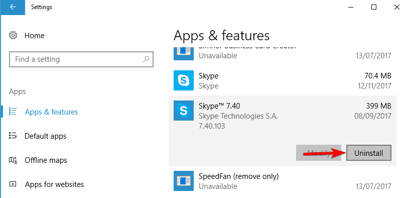 Desinstalar la configuración de Windows de Skype