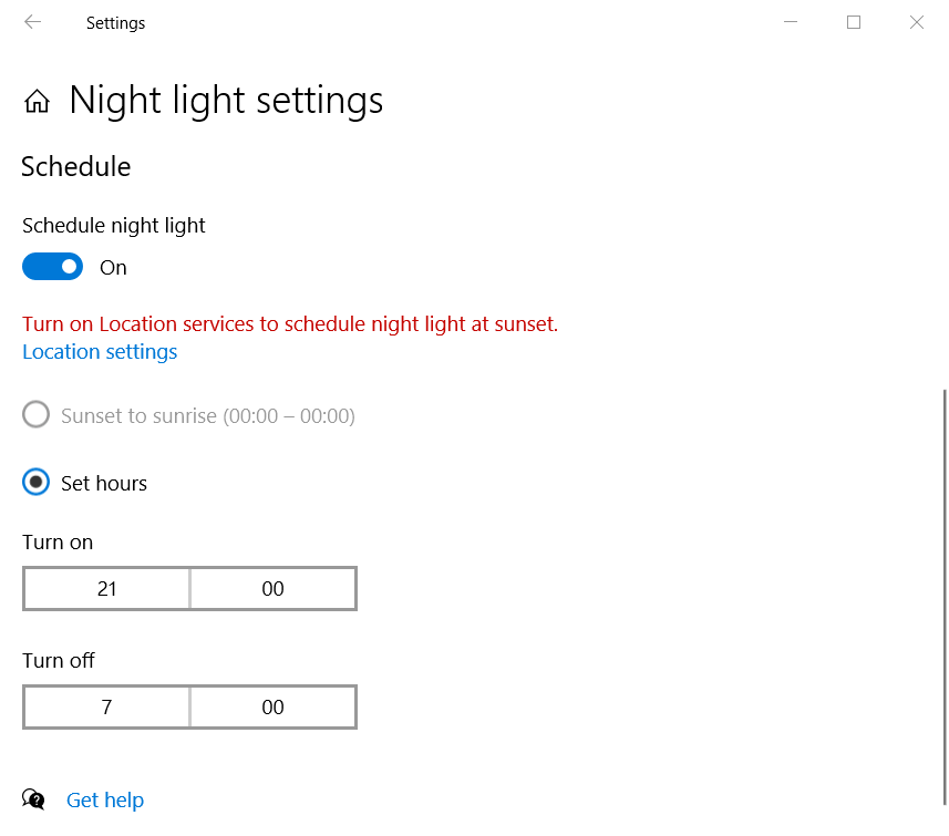 Opciones de programación para la luz nocturna cómo filtrar el tinte de Windows 10