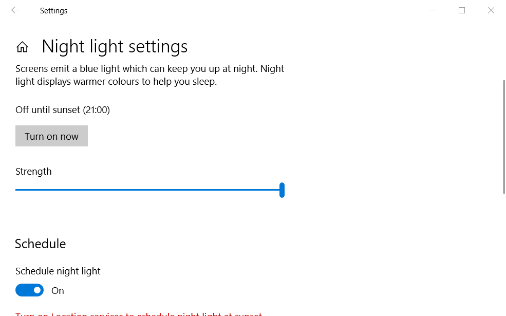 Configuraciones de luz nocturna, cómo filtrar el tinte de Windows 10