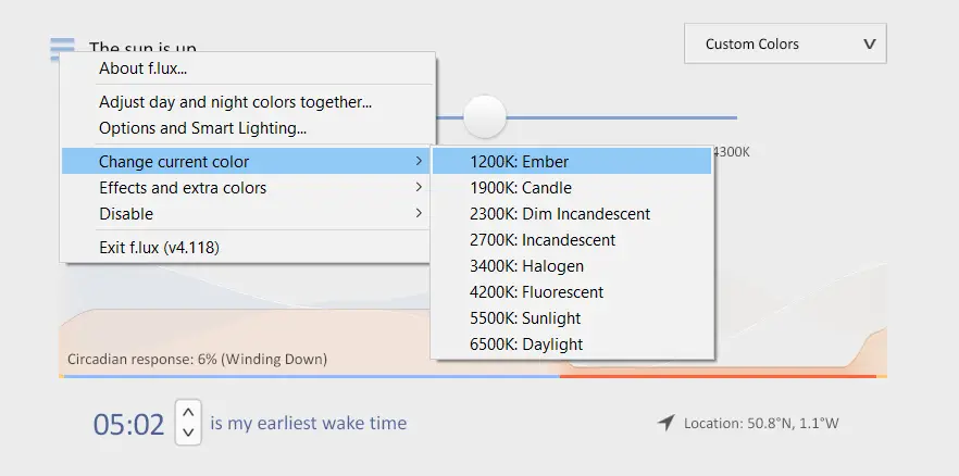 Cambiar el submenú de color actual cómo filtrar el tinte de Windows 10