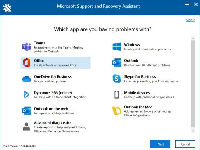 Ejecute el Asistente de soporte y recuperación de Microsoft, la mayoría de las funciones se han deshabilitado