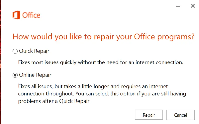 El archivo Excel de la opción Reparación en línea no se adjunta al correo electrónico