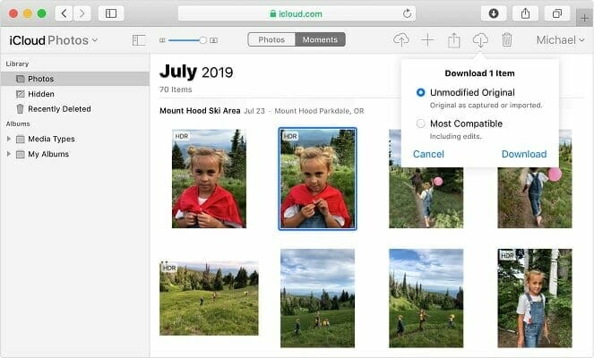 opción de descarga de fotos de icloud