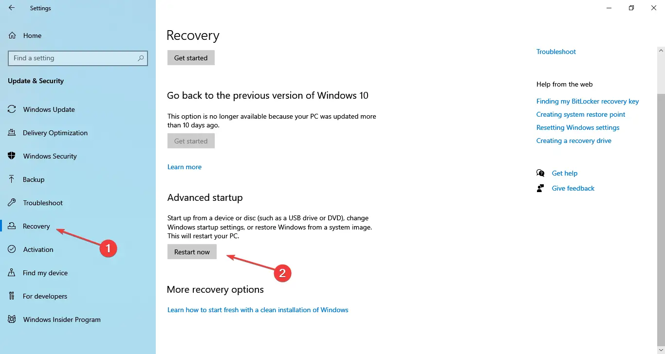 reinicie ahora para ingresar al modo de recuperación de Windows 10