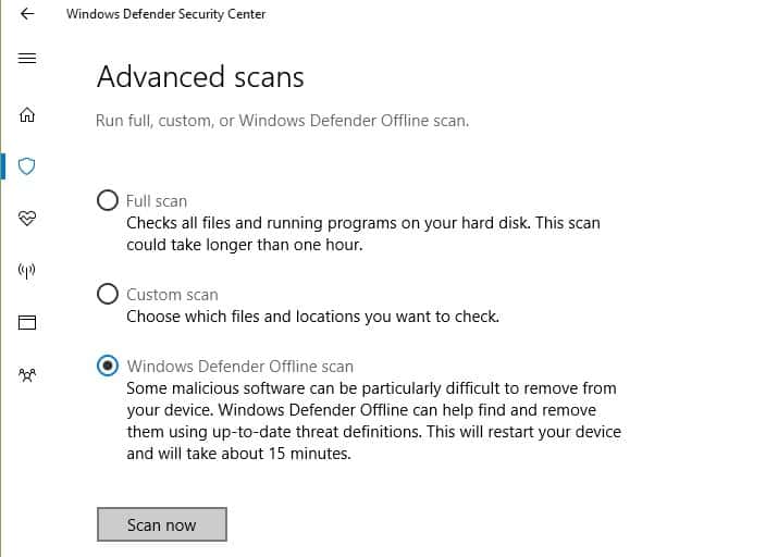 escaneo sin conexión de windows defender