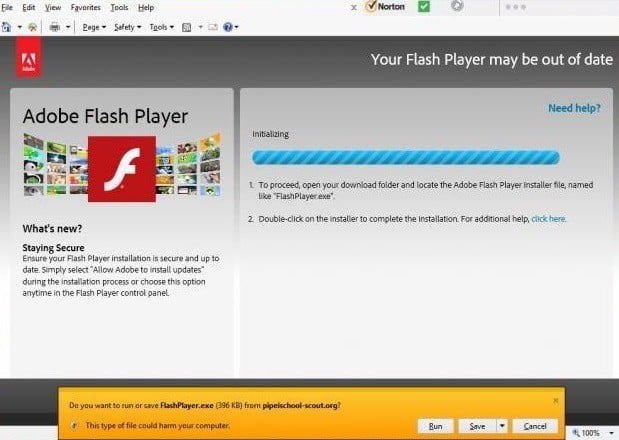 ventana emergente falsa de actualización de Adobe Flash Player