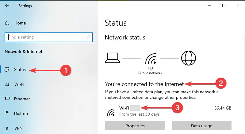 Windows 10 muestra el estado de la red