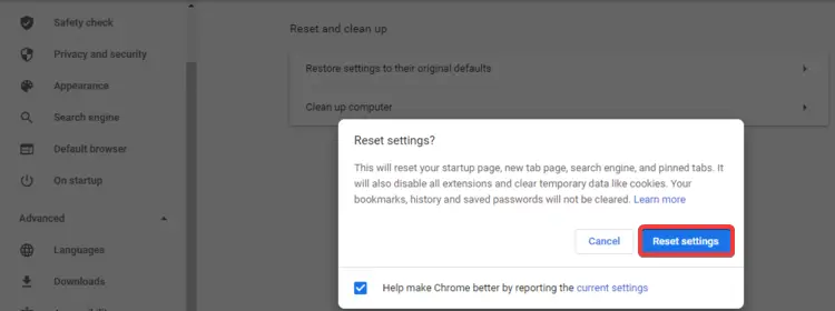 Chrome muestra Restablecer configuración