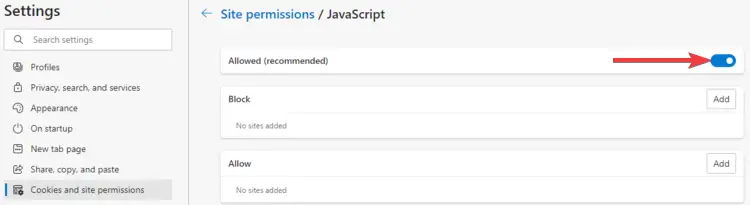 Edge muestra JavaScript permitido