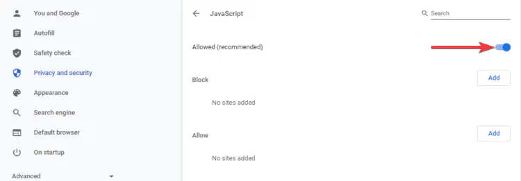 Chrome muestra JavaScript permitido