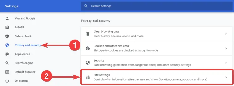 Chrome muestra Privacidad y seguridad, Configuración del sitio