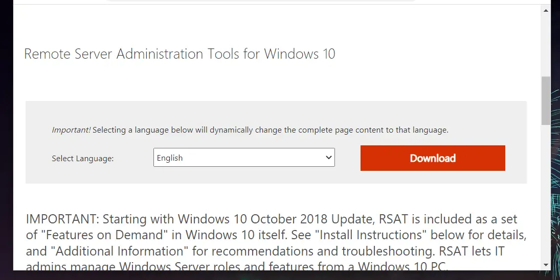 El botón Descargar instala la consola de administración de políticas de grupo de Windows 10