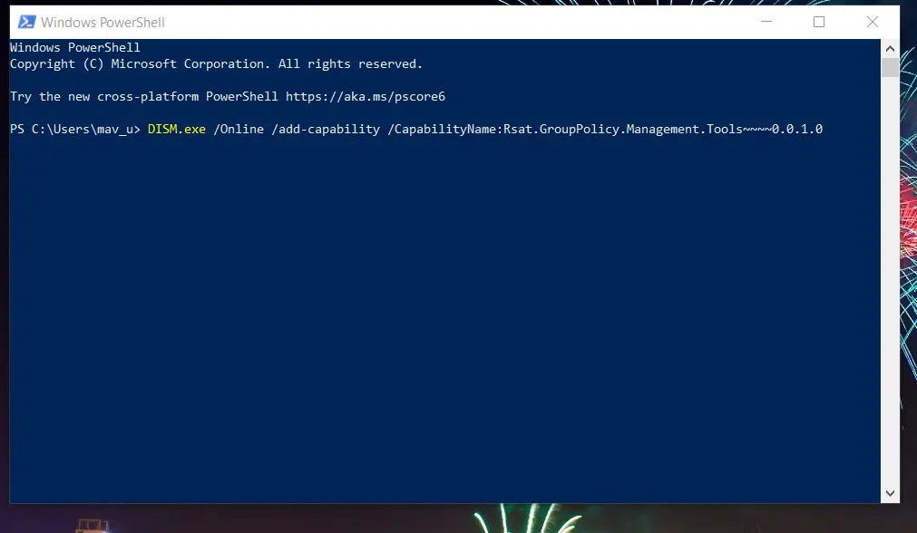 El comando PowerShell instala la consola de administración de políticas de grupo de Windows 10
