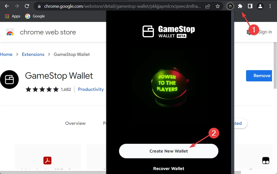 extensión de la billetera gamestop create-wallet