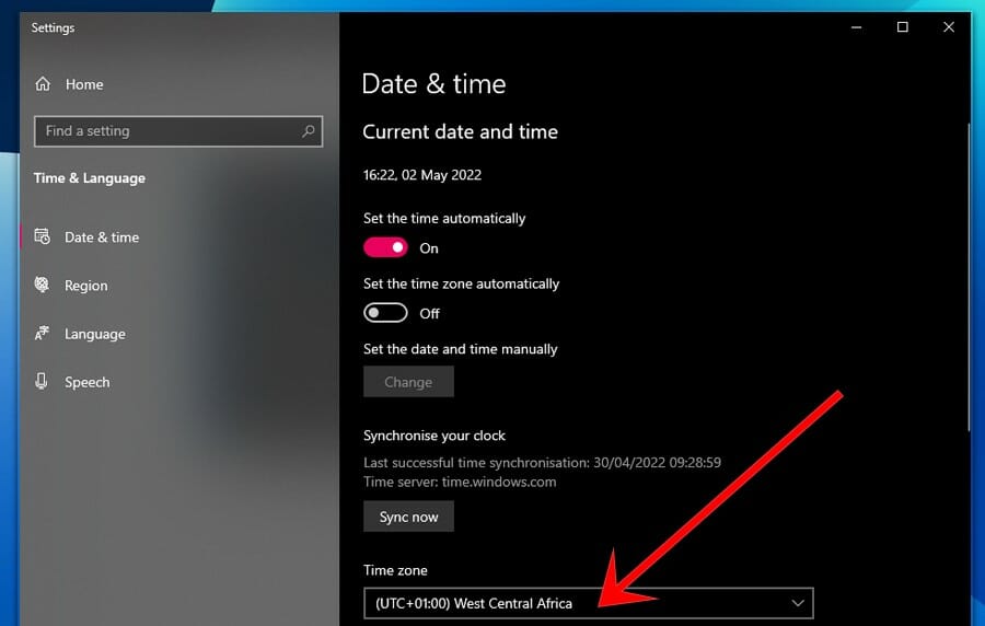 configuración de la zona horaria en Windows
