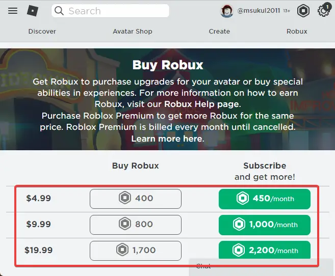 Compre Robux en la página Comprar Robux en Roblox