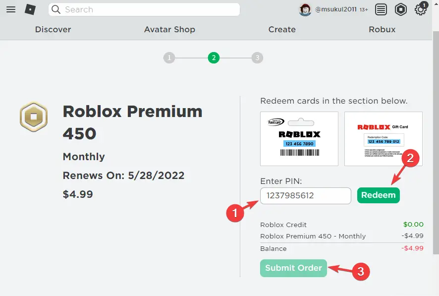 Ingrese el PIN, canjee y envíe el pedido en la página de pago de Roblox