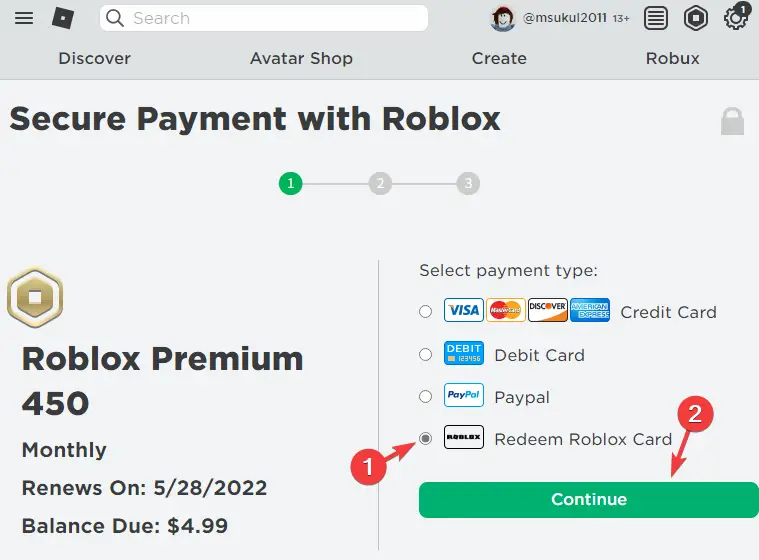 Página de pago de Roblox: selecciona canjear la tarjeta de Roblox y continúa