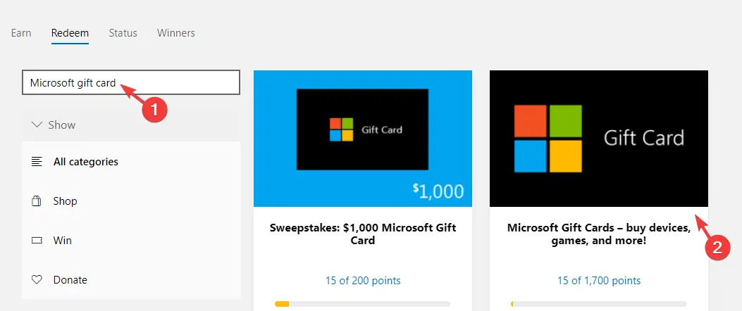 busque la tarjeta de regalo de Microsoft y haga clic para abrir