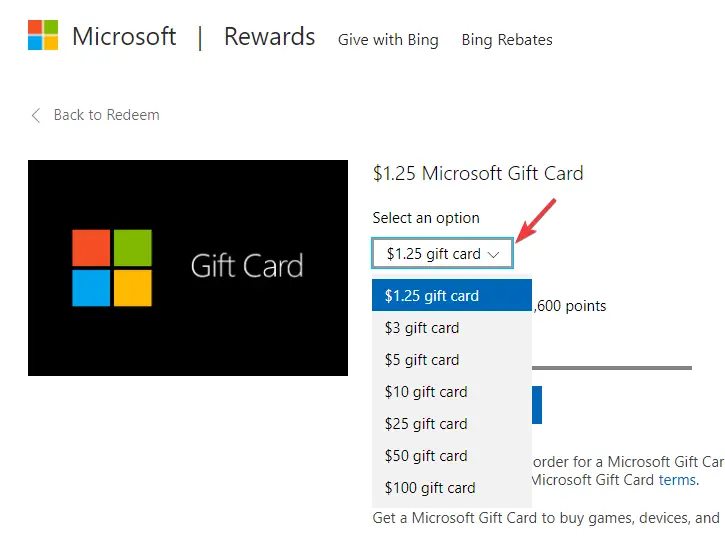 Seleccione el valor de la tarjeta de regalo de Microsoft del menú desplegable