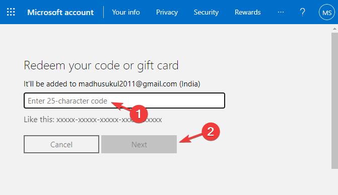 Canjear código en la página de canje de tarjetas de regalo de Microsoft