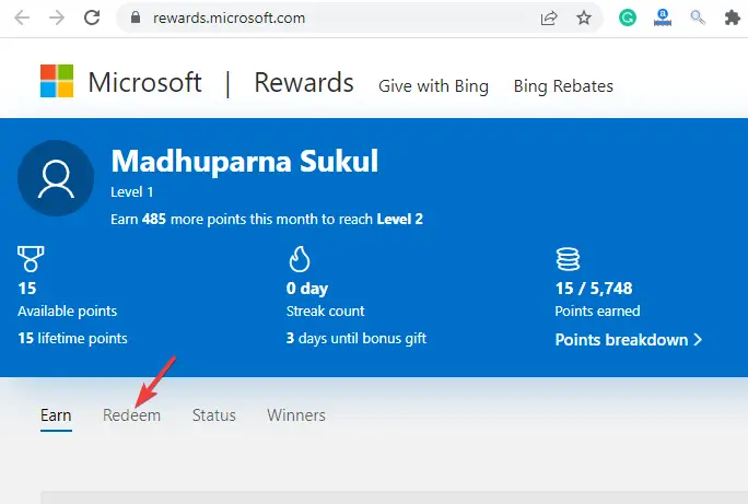 Seleccione la pestaña Canjear en Microsoft Rewards