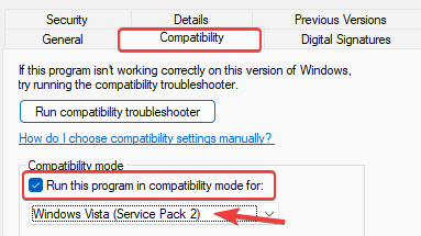 Propiedades - Modo de compatibilidad - Ejecute este programa en modo de compatibilidad para - Windows vista (paquete de servidor 2)