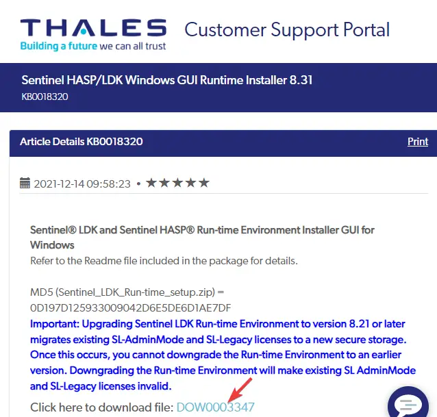 Visite el sitio web de soporte de Thales y haga clic en Descargar