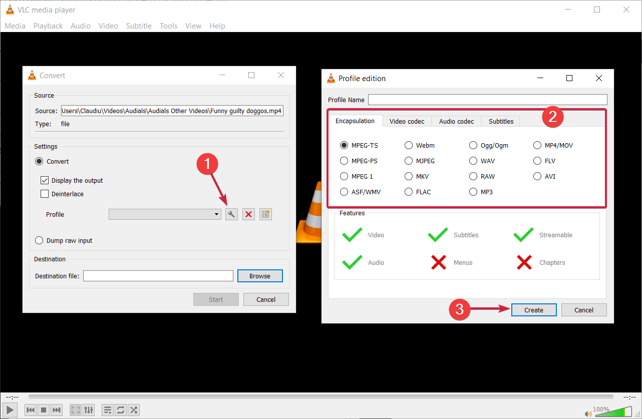 configuración de edición de perfil vlc