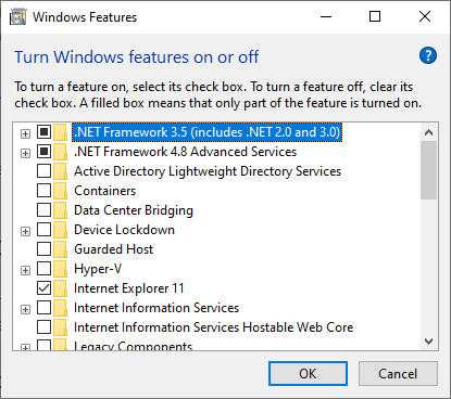 activar o desactivar la selección de características de Windows