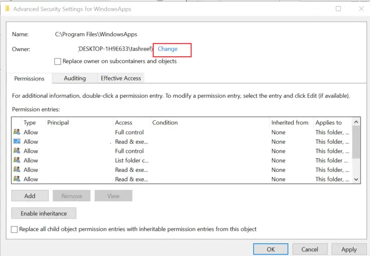 Cambiar el permiso del instalador de confianza Carpeta WindowsApps