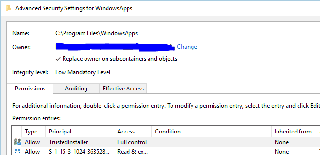 configuración de seguridad avanzada de la carpeta windowsapps