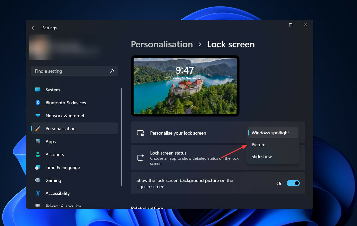 elija la imagen de Windows 11, el foco de la pantalla de bloqueo no funciona