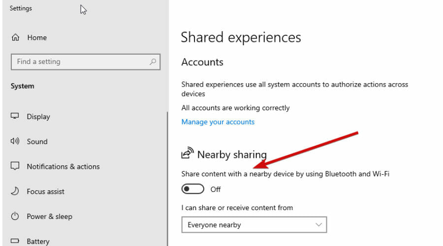 cómo deshabilitar las experiencias compartidas Windows 10 alternar