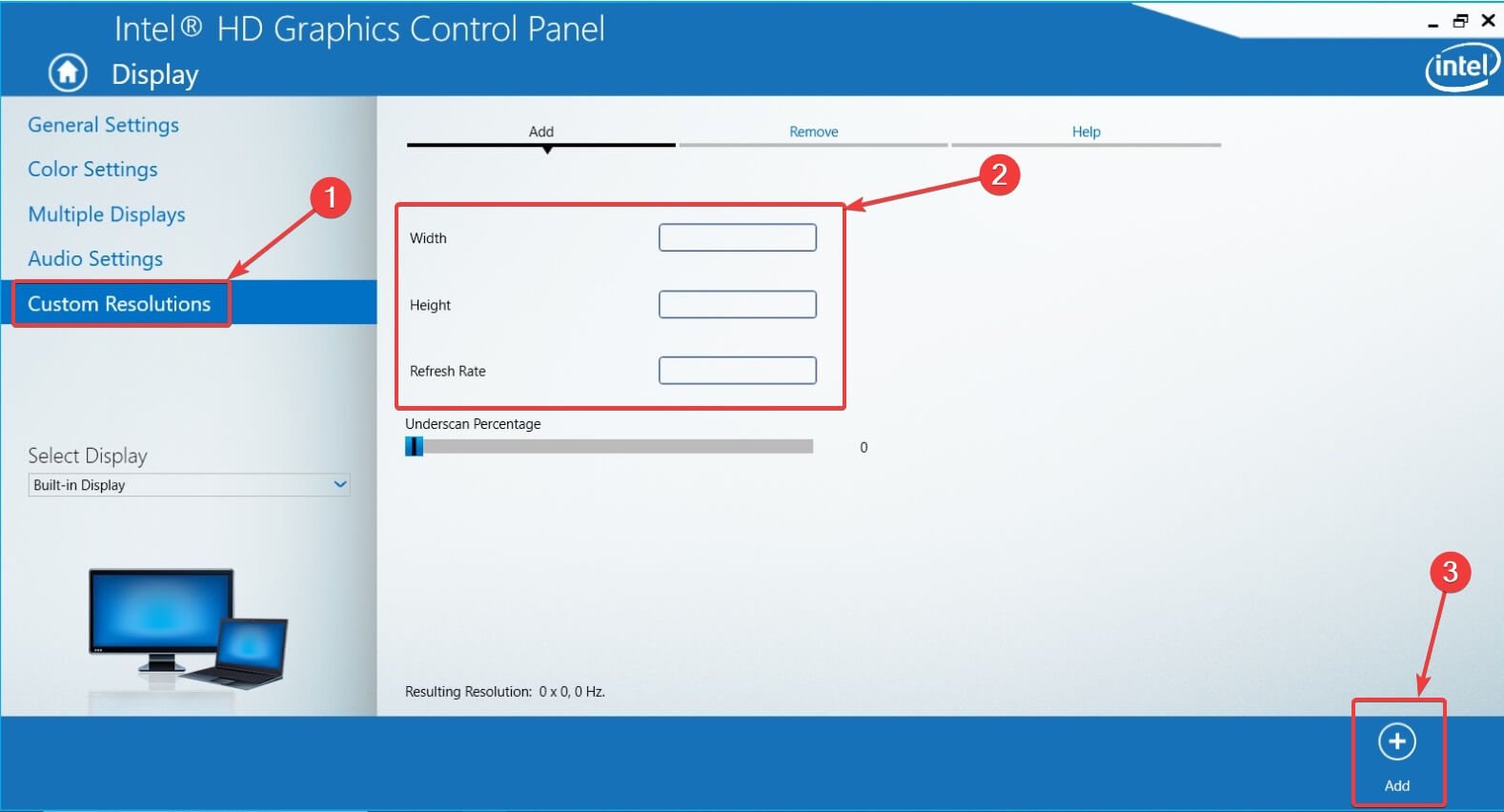 panel de control de gráficos Intel de resolución personalizada Crear resoluciones personalizadas en Windows