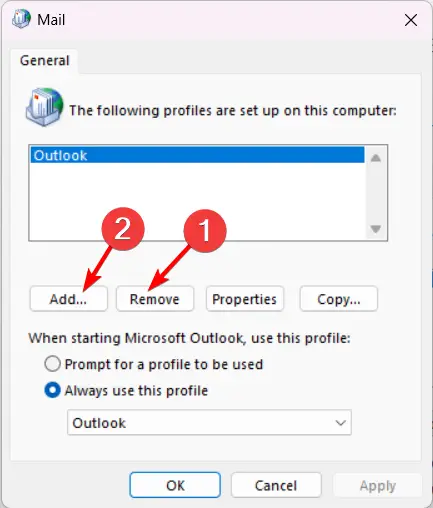eliminar-agregar corregir perfil corrupto de Outlook